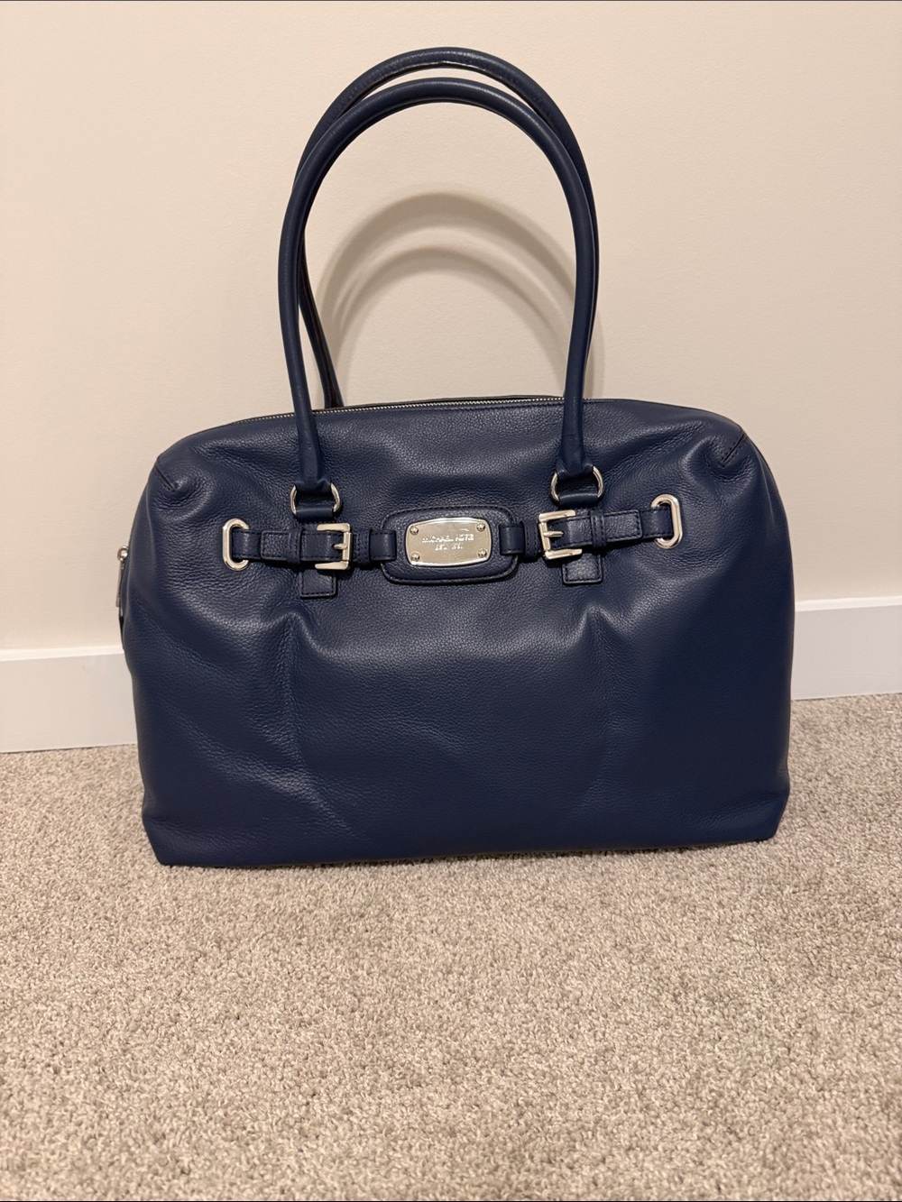 Michael Kors Navy Leather Satchel with Silver Hardware